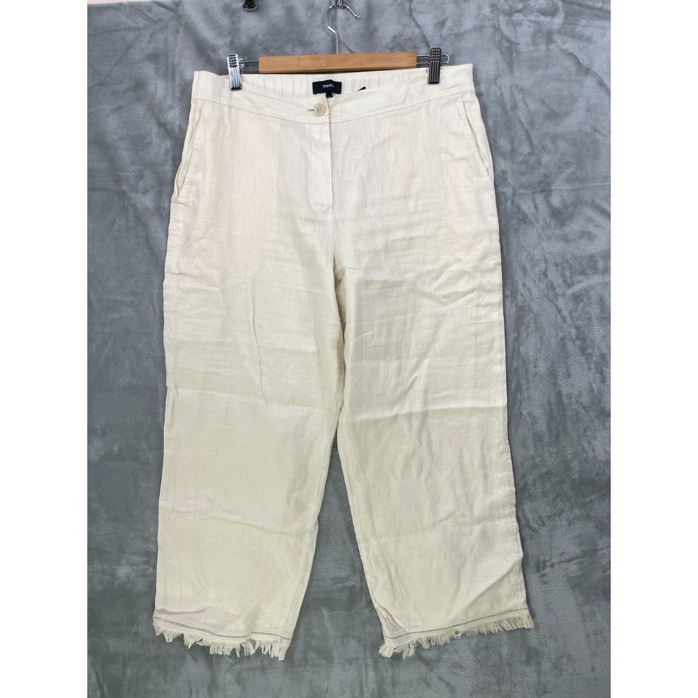 THEORY 100% Linen Ankle Pants Women's Size 10 Oatmeal Fringe Hem Fully Lined